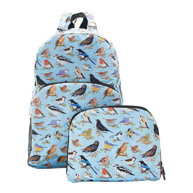 Eco Chic Lightweight Foldable Backpack Wild Birds Blue Lilyrye