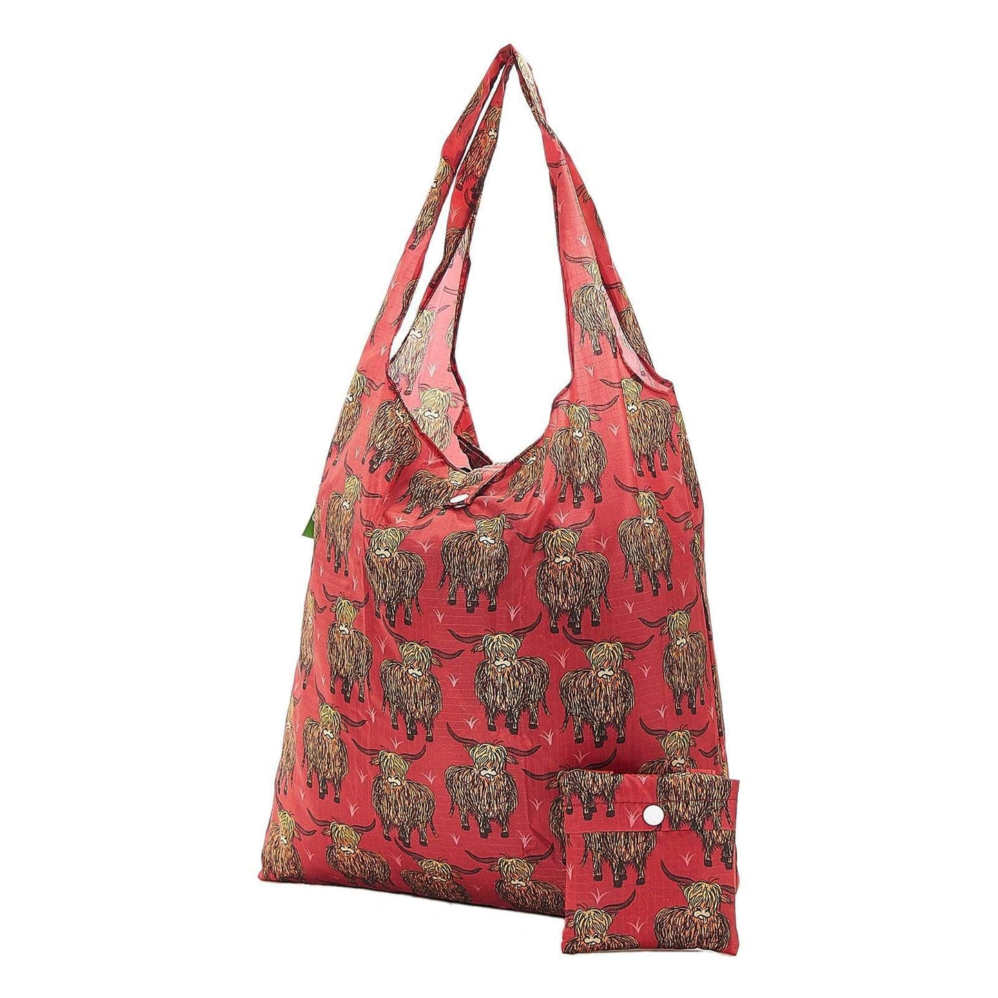 Eco Chic Lightweight Foldable Reusable Shopping Bag (Highland Cow Red)